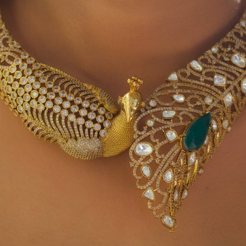 Designer Peacock Statement Hasli with designer earrings - MR Jewels